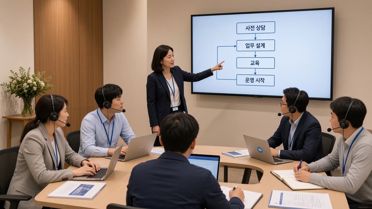 상담 운영 절차를 화면으로 확인하며 업무를 설계하는 직원들